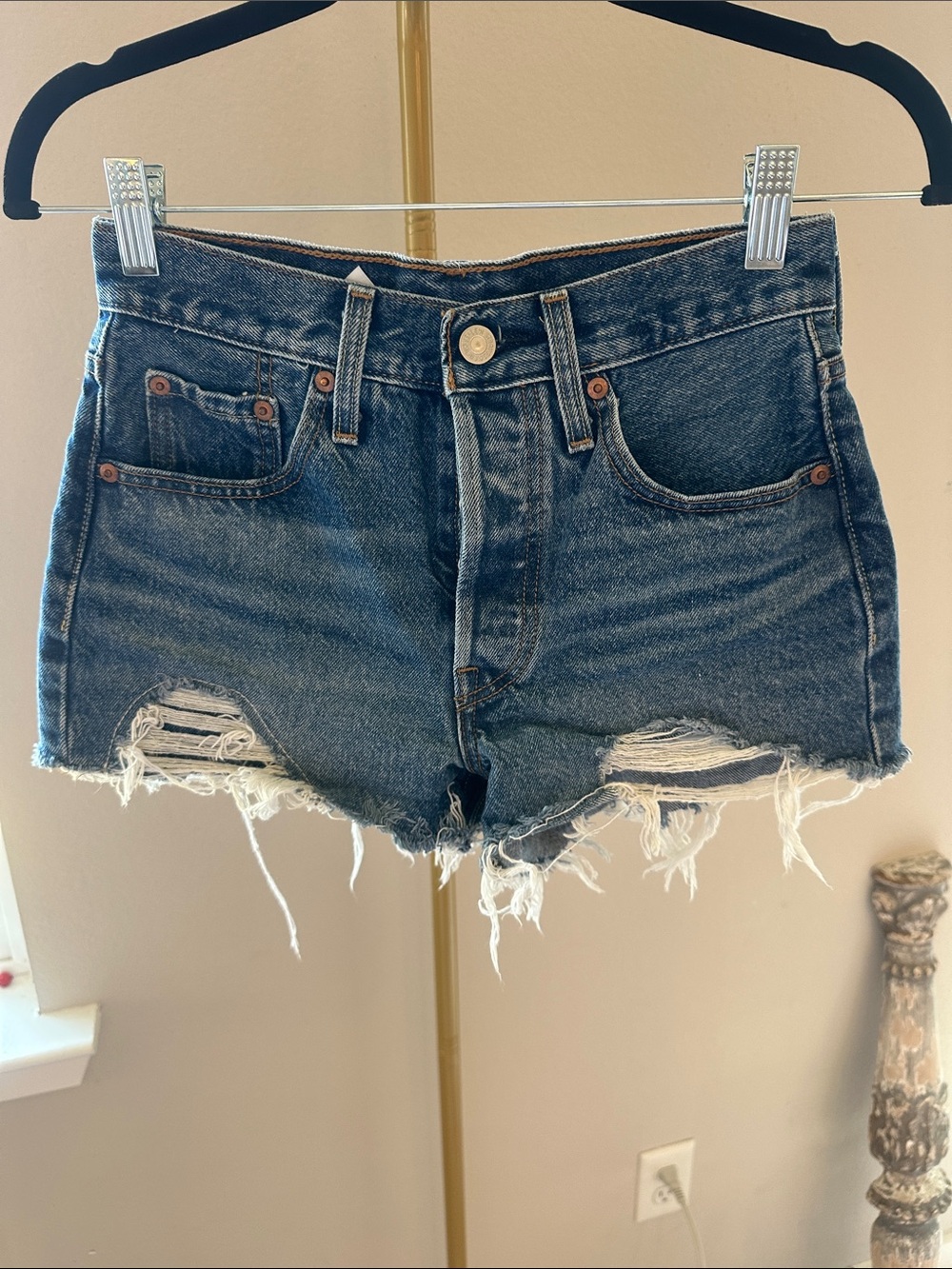 Levi's Distressed Dark Blue High-Rise 501 Denim Shorts